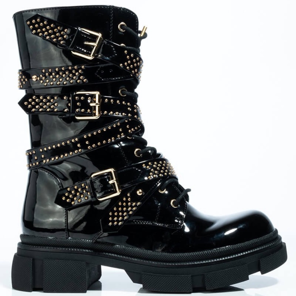 Black & Gold Faux Patent Leather Combat Boots